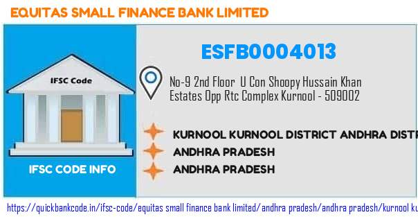 Equitas Small Finance Bank Kurnool Kurnool District Andhra District ESFB0004013 IFSC Code