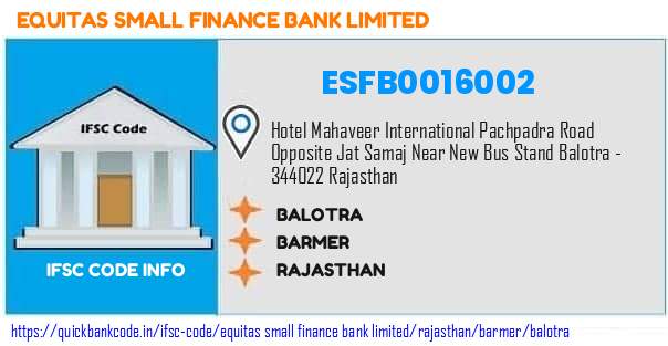 Equitas Small Finance Bank Balotra ESFB0016002 IFSC Code