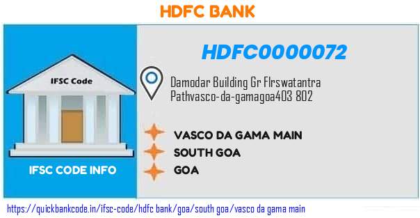 Hdfc Bank Vasco Da Gama Main HDFC0000072 IFSC Code
