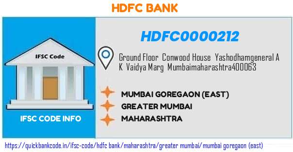Hdfc Bank Mumbai Goregaon east HDFC0000212 IFSC Code
