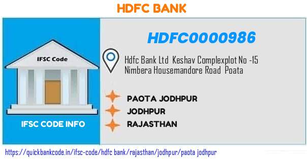 Hdfc Bank Paota Jodhpur HDFC0000986 IFSC Code