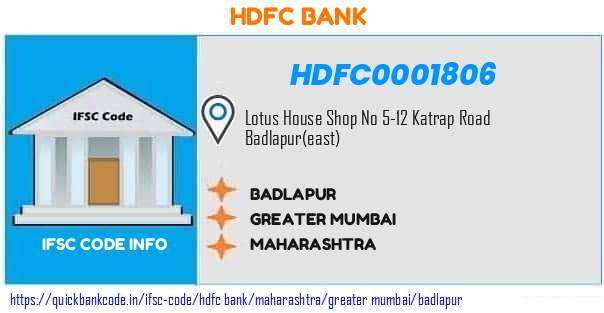 Hdfc Bank Badlapur HDFC0001806 IFSC Code