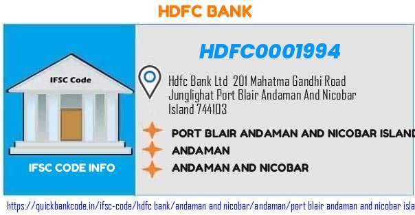 Hdfc Bank Port Blair Andaman And Nicobar Islands HDFC0001994 IFSC Code