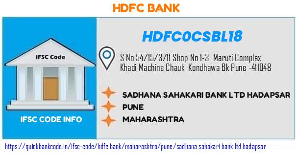 Hdfc Bank Sadhana Sahakari Bank  Hadapsar HDFC0CSBL18 IFSC Code