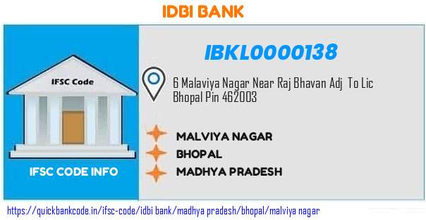 Idbi Bank Malviya Nagar IBKL0000138 IFSC Code