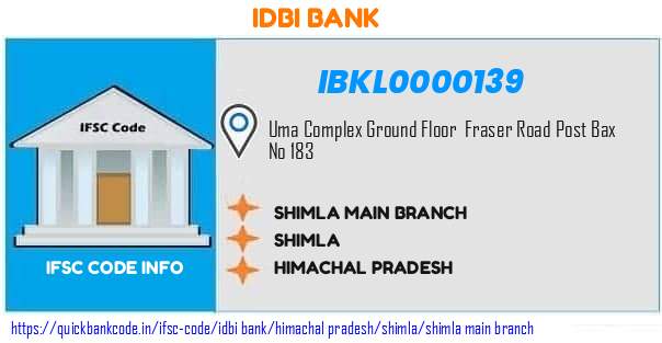 Idbi Bank Shimla Main Branch IBKL0000139 IFSC Code