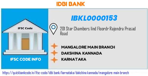 Idbi Bank Mangalore Main Branch IBKL0000153 IFSC Code