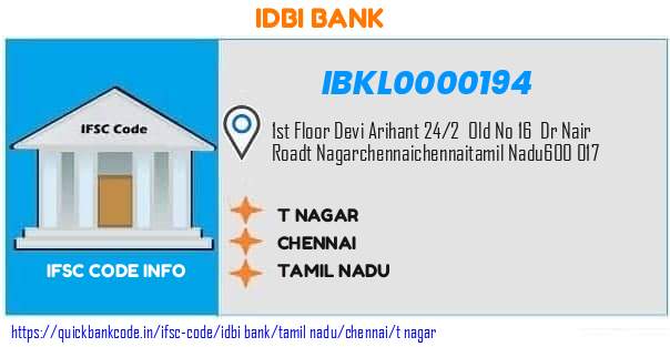 Idbi Bank T Nagar IBKL0000194 IFSC Code