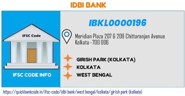 Idbi Bank Girish Park kolkata IBKL0000196 IFSC Code