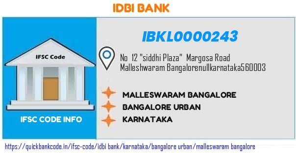 Idbi Bank Malleswaram Bangalore IBKL0000243 IFSC Code