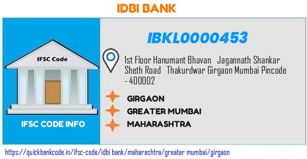 Idbi Bank Girgaon IBKL0000453 IFSC Code