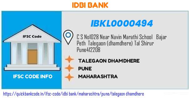 Idbi Bank Talegaon Dhamdhere IBKL0000494 IFSC Code