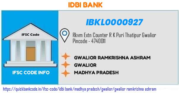 Idbi Bank Gwalior Ramkrishna Ashram IBKL0000927 IFSC Code