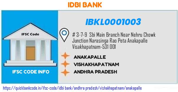 Idbi Bank Anakapalle IBKL0001003 IFSC Code