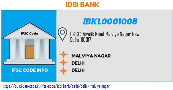 Idbi Bank Malviya Nagar IBKL0001008 IFSC Code