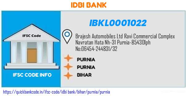Idbi Bank Purnia IBKL0001022 IFSC Code
