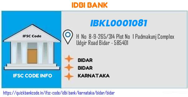 Idbi Bank Bidar IBKL0001081 IFSC Code