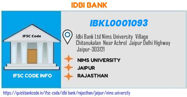 Idbi Bank Nims University IBKL0001093 IFSC Code