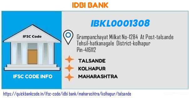 Idbi Bank Talsande IBKL0001308 IFSC Code