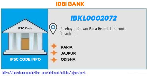 Idbi Bank Paria IBKL0002072 IFSC Code