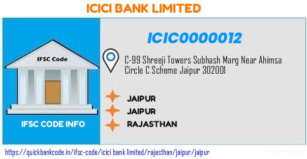 Icici Bank Jaipur ICIC0000012 IFSC Code