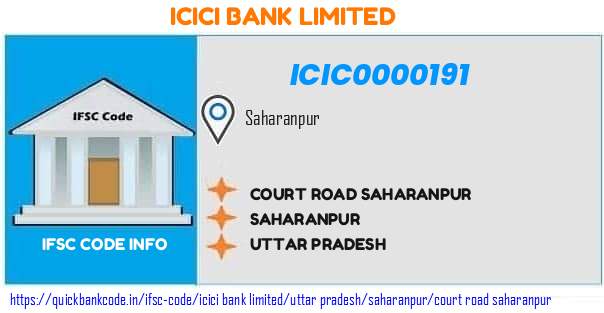 Icici Bank Court Road Saharanpur ICIC0000191 IFSC Code