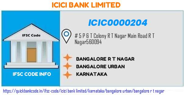 Icici Bank Bangalore R T Nagar ICIC0000204 IFSC Code