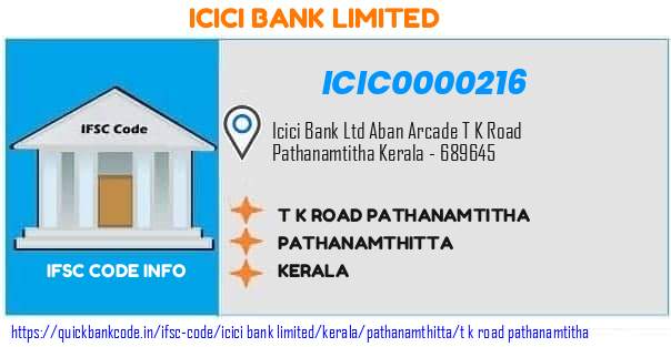 Icici Bank T K Road Pathanamtitha ICIC0000216 IFSC Code