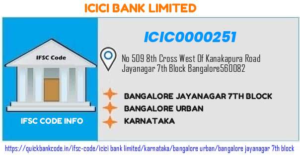 Icici Bank Bangalore Jayanagar 7th Block ICIC0000251 IFSC Code