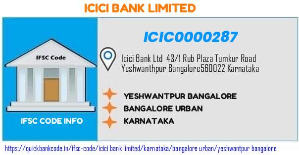 Icici Bank Yeshwantpur Bangalore ICIC0000287 IFSC Code