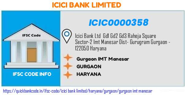 Icici Bank Gurgaon Imt Manesar ICIC0000358 IFSC Code