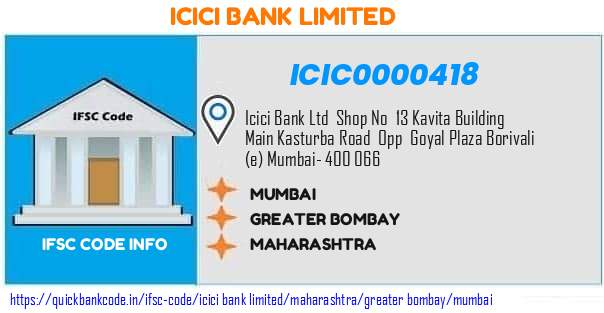 Icici Bank Mumbai ICIC0000418 IFSC Code