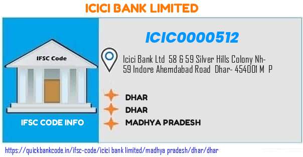 Icici Bank Dhar ICIC0000512 IFSC Code