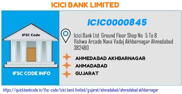 Icici Bank Ahmedabad Akhbarnagar ICIC0000845 IFSC Code