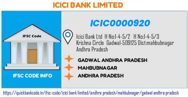Icici Bank Gadwal Andhra Pradesh ICIC0000920 IFSC Code