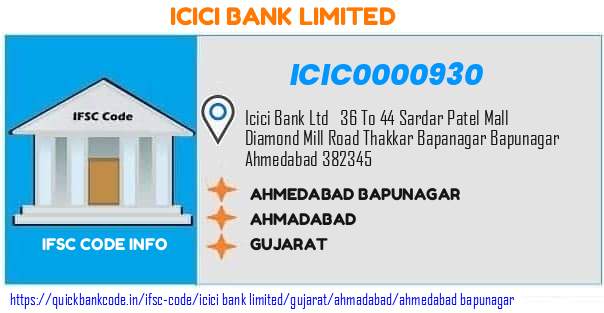 Icici Bank Ahmedabad Bapunagar ICIC0000930 IFSC Code