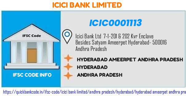 Icici Bank Hyderabad Ameerpet Andhra Pradesh ICIC0001113 IFSC Code