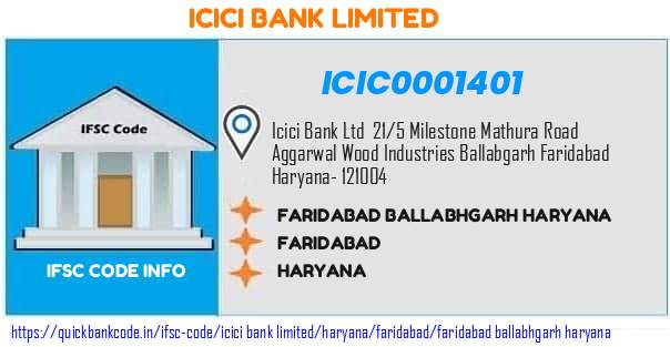 Icici Bank Faridabad Ballabhgarh Haryana ICIC0001401 IFSC Code