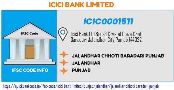 Icici Bank Jalandhar Chhoti Baradari Punjab ICIC0001511 IFSC Code