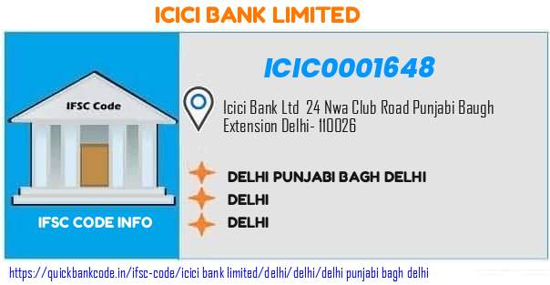 Icici Bank Delhi Punjabi Bagh Delhi ICIC0001648 IFSC Code
