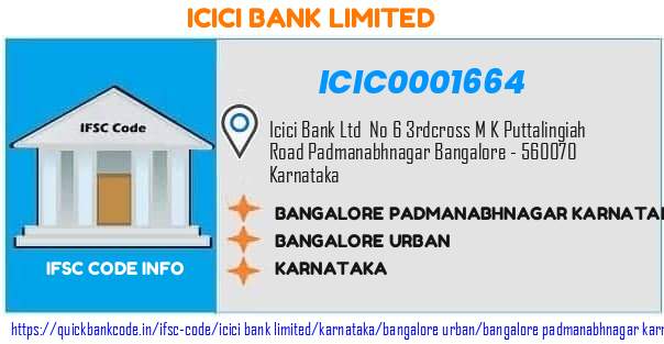 Icici Bank Bangalore Padmanabhnagar Karnataka ICIC0001664 IFSC Code