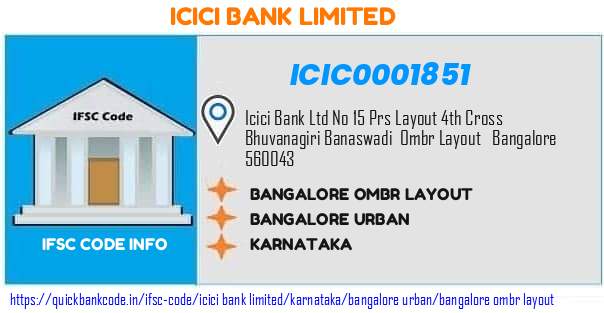 Icici Bank Bangalore Ombr Layout ICIC0001851 IFSC Code