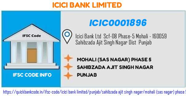 Icici Bank Mohali sas Nagar Phase 5 ICIC0001896 IFSC Code