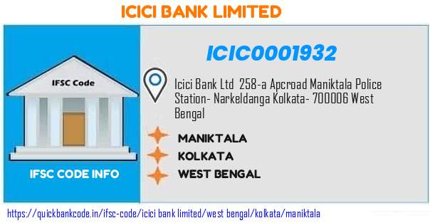 Icici Bank Maniktala ICIC0001932 IFSC Code