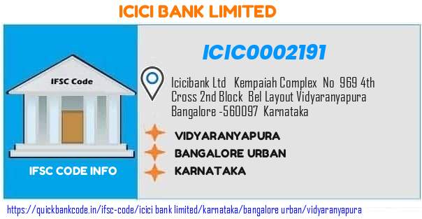 Icici Bank Vidyaranyapura ICIC0002191 IFSC Code