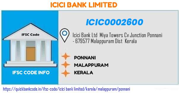 Icici Bank Ponnani ICIC0002600 IFSC Code