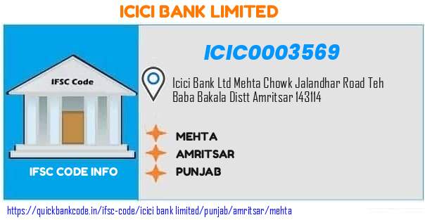 Icici Bank Mehta ICIC0003569 IFSC Code