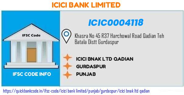 Icici Bank Icici Bnak  Qadian ICIC0004118 IFSC Code