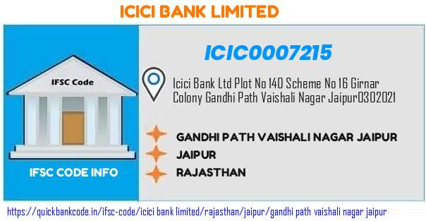 Icici Bank Gandhi Path Vaishali Nagar Jaipur ICIC0007215 IFSC Code