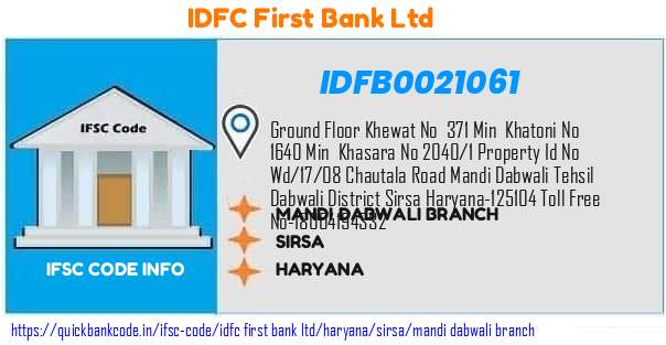 Idfc First Bank Mandi Dabwali Branch IDFB0021061 IFSC Code